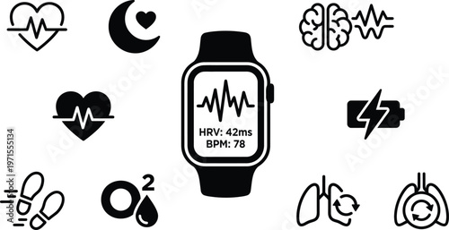 Smartwatch health tracking icon set featuring heart rate, sleep monitoring, brain activity, blood oxygen, and respiratory health symbols for wearable technology and fitness app UI design