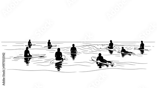 Black and white illustration of people wading in water with ripples against a plain white background.