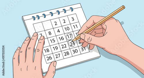 Close up of hands using a pencil to circle a specific date on a paper desk calendar for appointment scheduling.