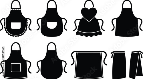Set of various black kitchen apron silhouettes including chef bib aprons and waist aprons for cooking baking and restaurant uniform branding designs on white background.