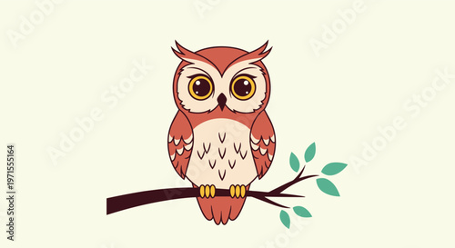 Adorable brown and white owl with large expressive eyes sits calmly on a green leafy branch against a plain background.