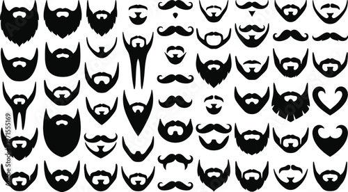 Large collection of black beard and mustache silhouettes in various styles and shapes isolated on white background for barbershop, grooming, and hipster fashion designs.