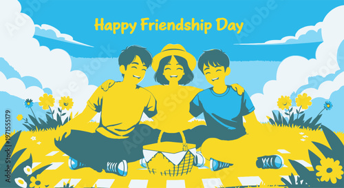 Friendship Day Three cartoon friends celebrating friendship day with joy and enthusiasm Vector