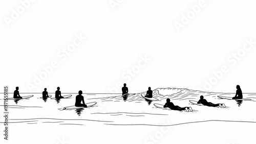 Black and white illustration of people surfing and swimming in ocean waves against a plain white background with a minimalist style.