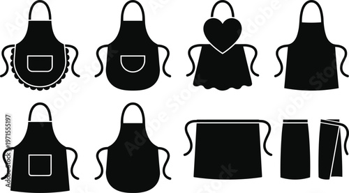 Large set of black kitchen apron silhouettes including chef bib aprons and waist aprons for cooking baking and restaurant uniform branding designs on white background.