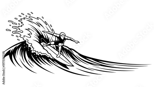 A black and white illustration of a surfer riding a wave, with dynamic lines and splashes, against a plain white background.