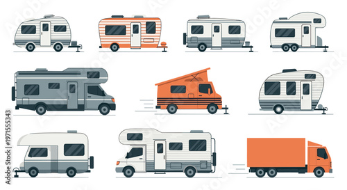 Selection of various recreational vehicles including camper vans, caravans, and motorhomes for travel and camping.