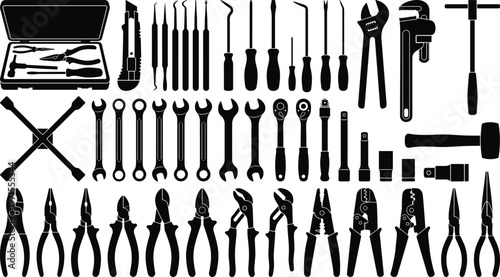 Large collection of professional hand tool silhouettes including wrenches, pliers, screwdrivers, hammers, and tool box kit isolated on white background for industrial and repair design.