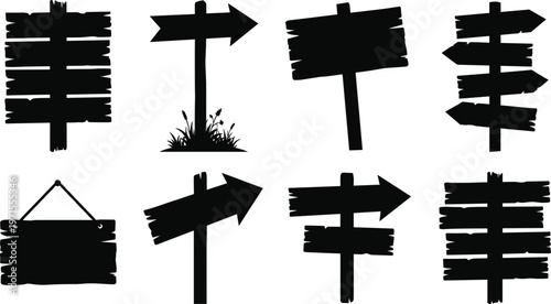 Set of rustic wooden signpost silhouettes with directional arrows, hanging boards, and garden elements isolated on white background for outdoors, travel, and wayfinding design projects.