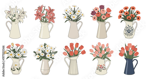 Set of diverse flower bouquets featuring lilies, daisies, and tulips arranged in charming white ceramic pitchers.