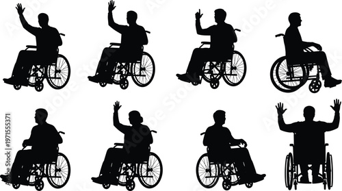 Wheelchair user silhouettes set, disabled person mobility icons, inclusive lifestyle concept, accessibility support illustration, rehabilitation independence and healthcare vector design