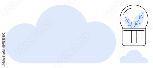 Cloud technology, eco-consciousness, digital storage, environmental protection, future technology, clean energy. Minimal cloud icon next to a terrarium with leaves. Cloud technology