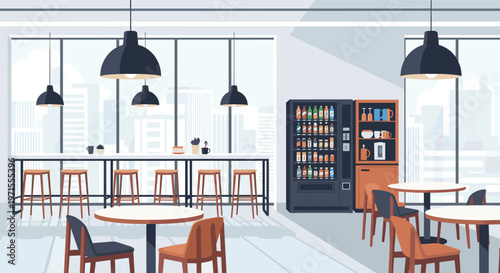 Interior view of a modern office breakroom featuring sleek tables, stools, a vending machine, and large windows.