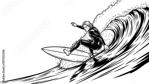 A surfer rides a wave in a black and white illustration with dynamic lines and motion blur on a white background.