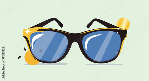 Close up illustration of stylish modern sunglasses with dark frames and vibrant blue tinted lenses for summer wear.