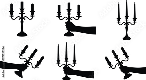 Set of Vintage Candelabra Silhouettes with Burning Candles and Human Hands Holding Them Isolated on White Background for Gothic Mystery and Elegant Decor Projects,