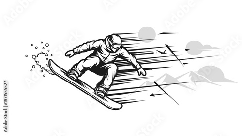 A snowboarder in a snowsuit and helmet speeds down a mountain slope with motion lines and snow spray.