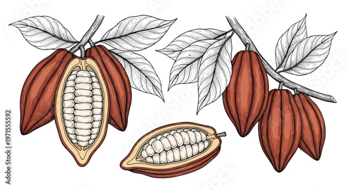 Detailed vintage botanical illustration of cocoa branches with whole pods and a cross section showing the beans.