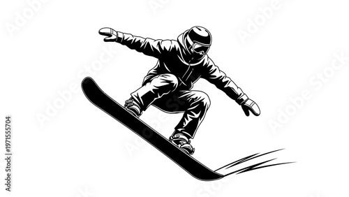 A snowboarder in a dynamic pose with arms outstretched and knees bent, performing a trick on a snowboard with motion lines, depicted in a black and white illustration against a clean white