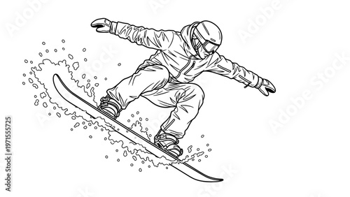 A snowboarder in a dynamic pose with arms outstretched and snow splashing around the board on a white background in a black and white illustration.