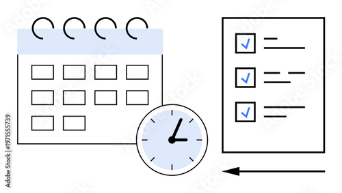 Time management concept. Time management with calendar, clock, and checklist for effective task organization. Time management improving planning, productivity, and daily efficiency. For business