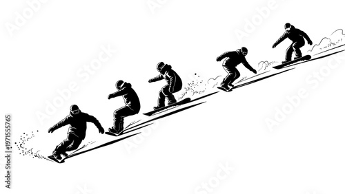 A black and white illustration of a snowboarder in various positions, captured in a sequence of five poses, against a clean white background with a dynamic and active mood.