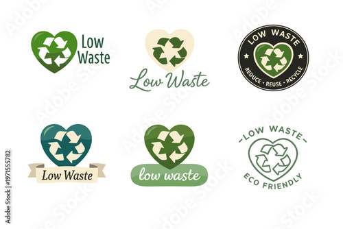 Eco-friendly low waste logos with recycling symbols in green and earth tones