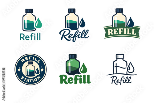 Collection of refill logos featuring bottles and droplets in various designs