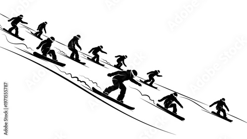 Illustration of a skier in various positions skiing down a slope in a black and white silhouette style against a white background.