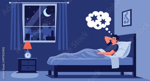 Man experiencing insomnia or deep thoughts while lying awake in bed at night in a dimly lit bedroom setting.