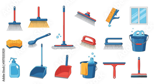 Comprehensive collection of household cleaning equipment including brooms, mops, buckets, sponges, and brushes in flat design.