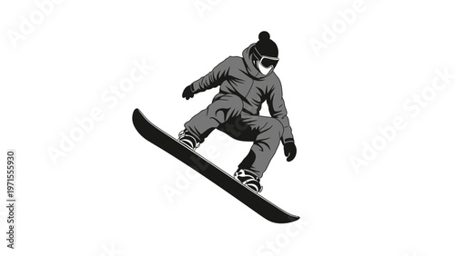 A snowboarder in a gray snowsuit and goggles jumps on a snowboard with a white background and a monochromatic color scheme.