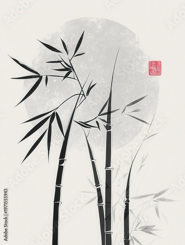 Ink Wash Painting of Bamboo Under the Moon