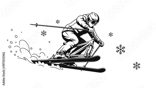 Black and white illustration of a skier in motion with snowflakes and dynamic lines conveying speed on a clean white background.