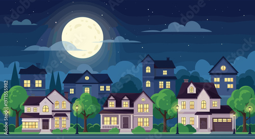 Peaceful suburban neighborhood houses illuminated at night under a large glowing full moon and starry sky background.