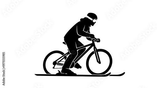 A cyclist wearing a helmet rides a bicycle in a simple black silhouette against a white background with a minimalist style.