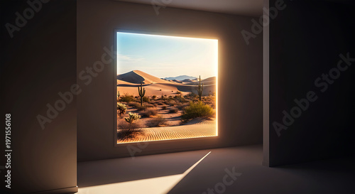 A surreal desert landscape viewed through a glowing rectangular portal