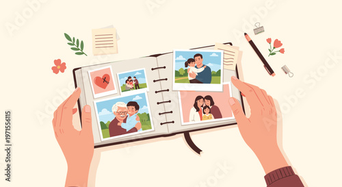 Person looking through a personal photo album filled with cherished family memories and portraits on a desk.