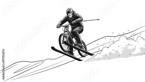 A black and white illustration of a mountain biker in mid-air on a snowy slope with a dynamic motion effect.