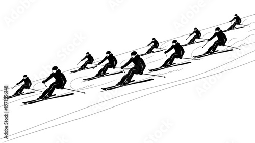A series of skiers in motion captured in a stop-motion sequence on a snowy slope with a white background.