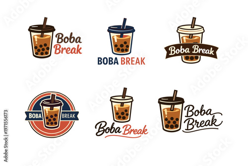 Boba break logos with bubble tea designs and straws
