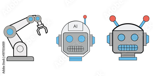 Set of three different robot icons, including a robotic arm and two cute robot heads, vector illustration