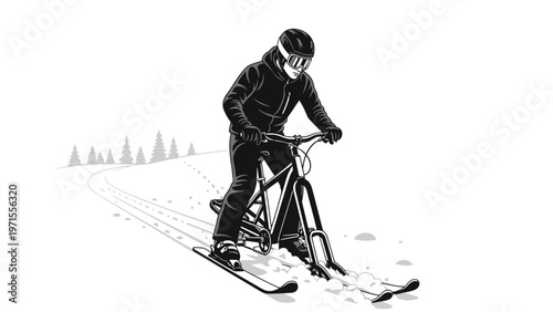 Black and white illustration of a skier riding a skike through snowy woods with a monochromatic filter.