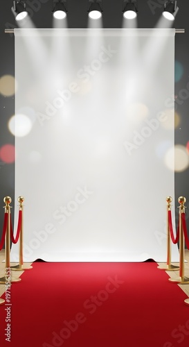 Experience the glamour A luxurious red carpet entrance illuminated by bright spotlights against a sparkling bokeh background, perfect for prestigious events