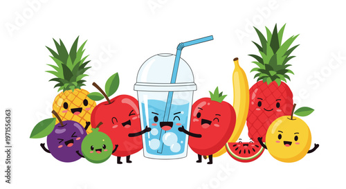 Group of adorable cartoon fruits with happy faces surrounding a refreshing blue beverage in a plastic cup.