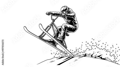 Monochrome illustration of a skier in motion, jumping with skis and poles on a snowy slope with a plain white background.