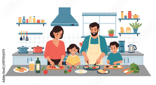 Family with two children happily preparing food together in a fully equipped kitchen with fresh vegetables.