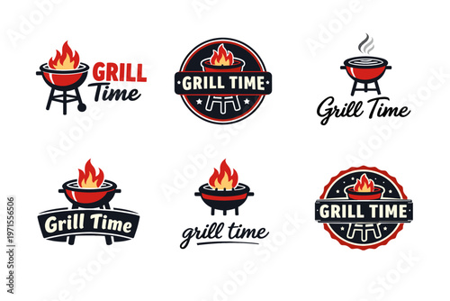 Grill time logos with barbecue grills and flames