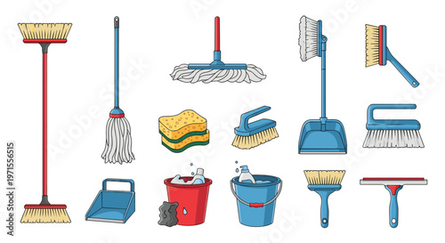 Set of various cleaning equipment including mops, brooms, buckets, sponges, and brushes for household maintenance.