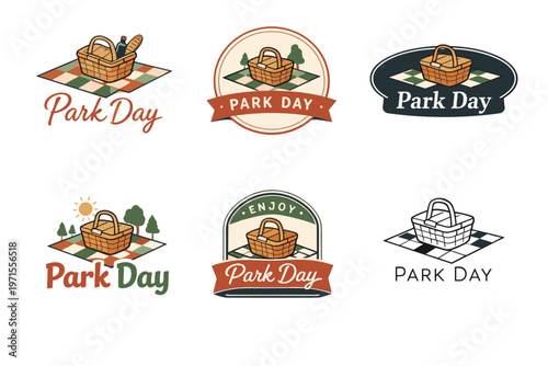 Picnic-themed park day badges featuring baskets with trees and sun designs